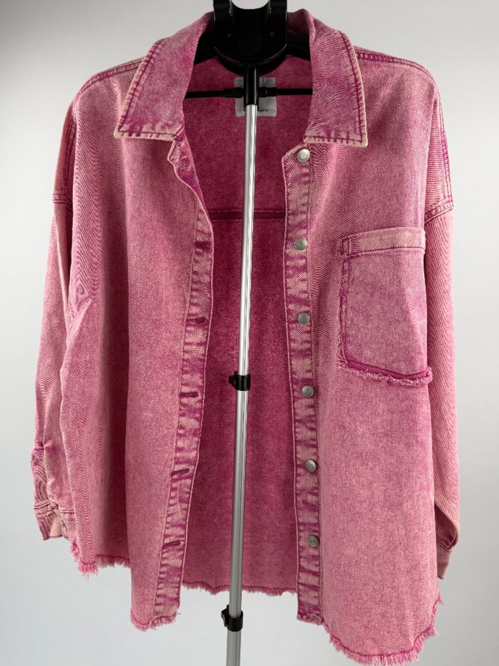 Celebrity Pink Acid Wash Denim Shacket Pink XXL Oversized Frayed Hem